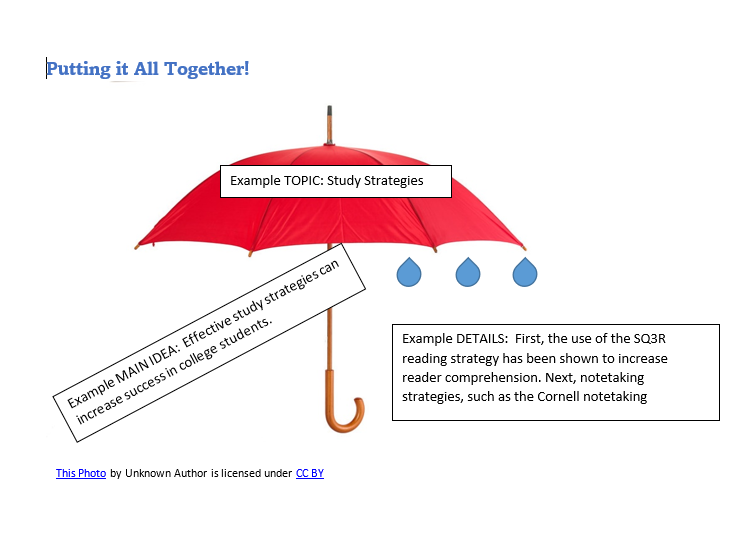 Umbrella image of how topic, main idea, and details work together