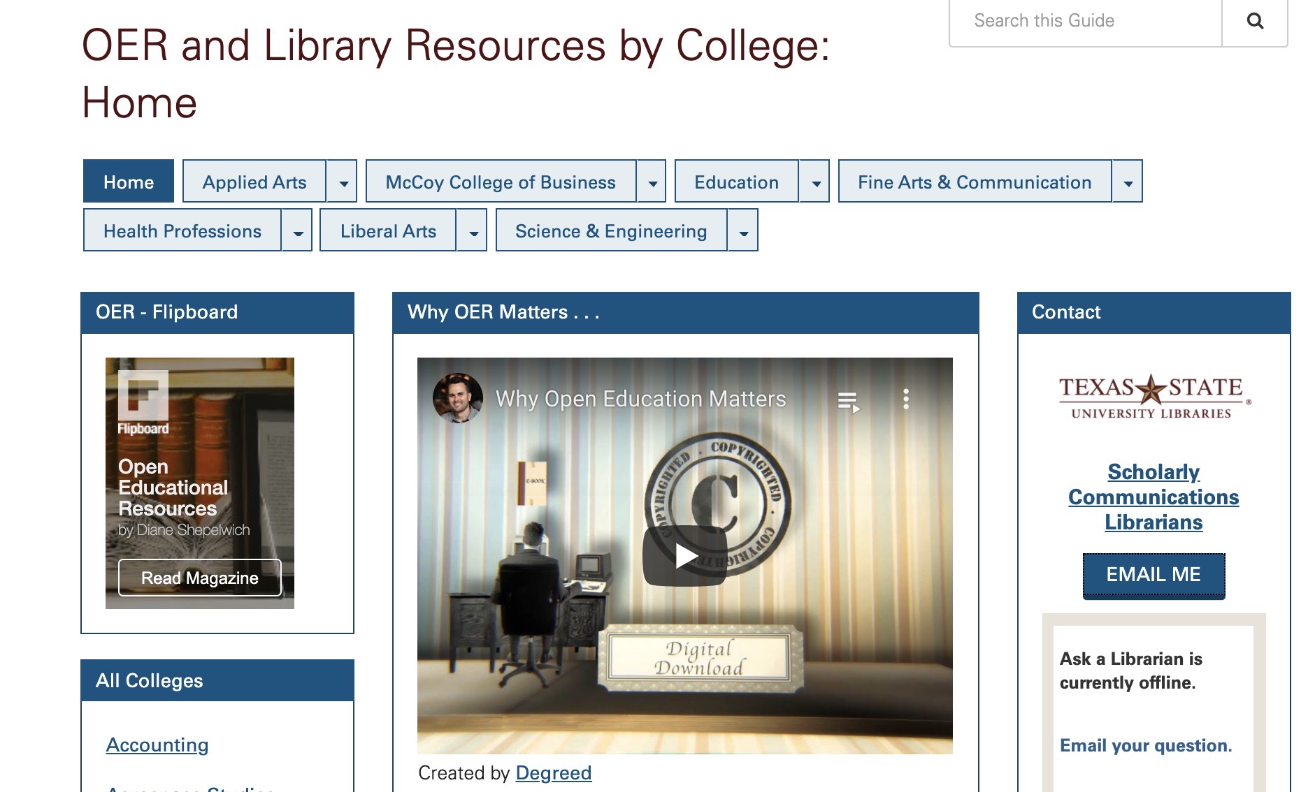 Screenshot of the Texas State University Libraries LibGuide of OERs by subject