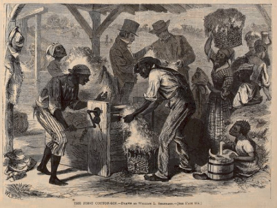 This is an image of African slaves using the first cotton gin.