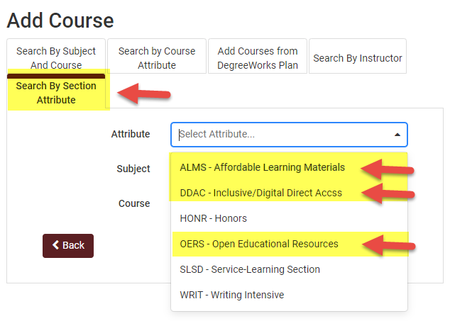 Add Course View - Search by Section Attribute - shows attribute OER