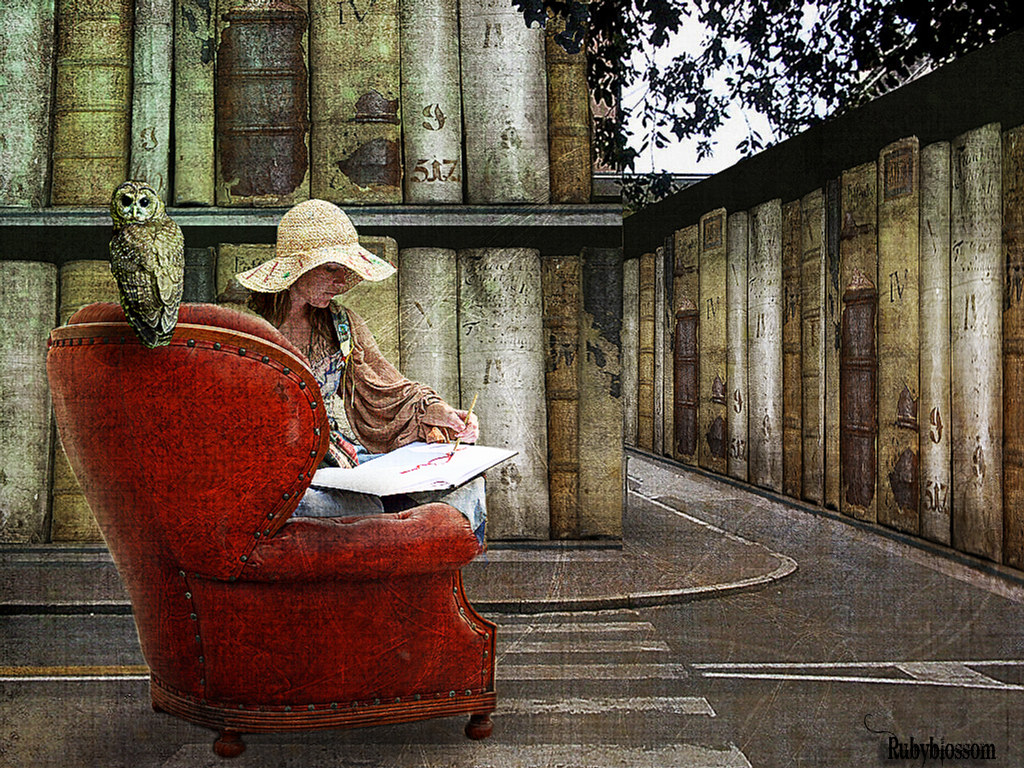 Woman reading among a backdrop of books
