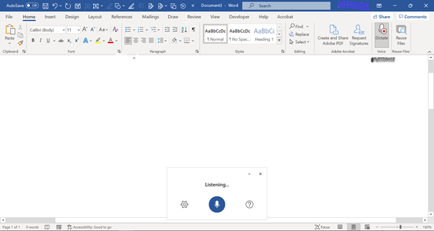 Image of a Microsoft Word document with Dictation Tool Being Used