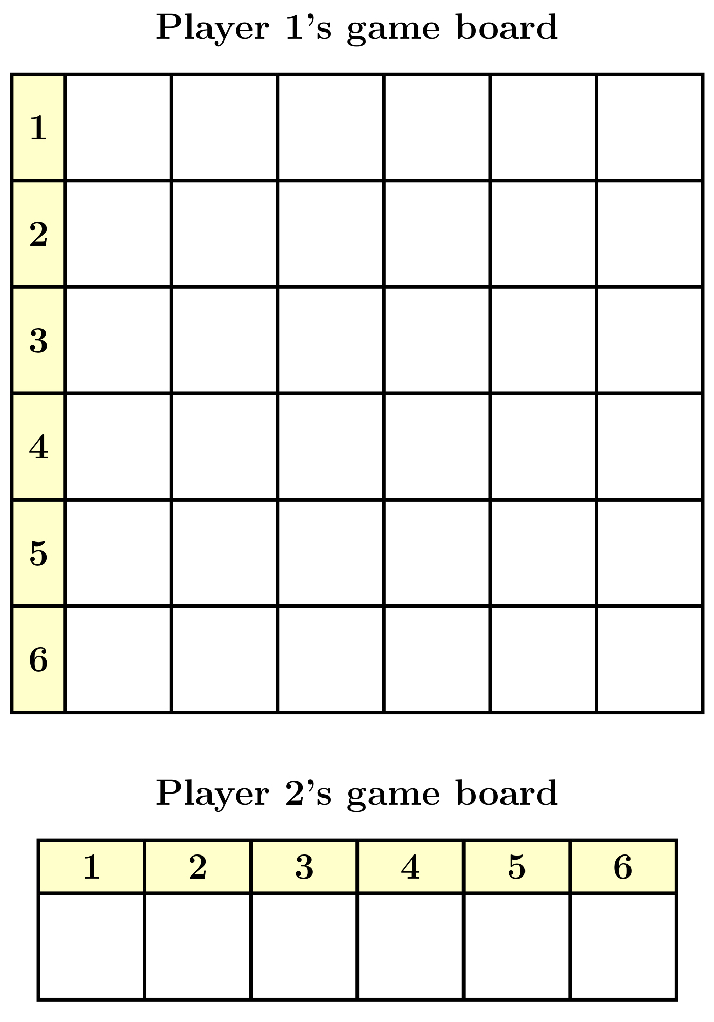 6 by 6 game board for player 1, with each row numbered 1 through 6. 1 by 6 game board for player 2, with each box numbered 1 through 6.