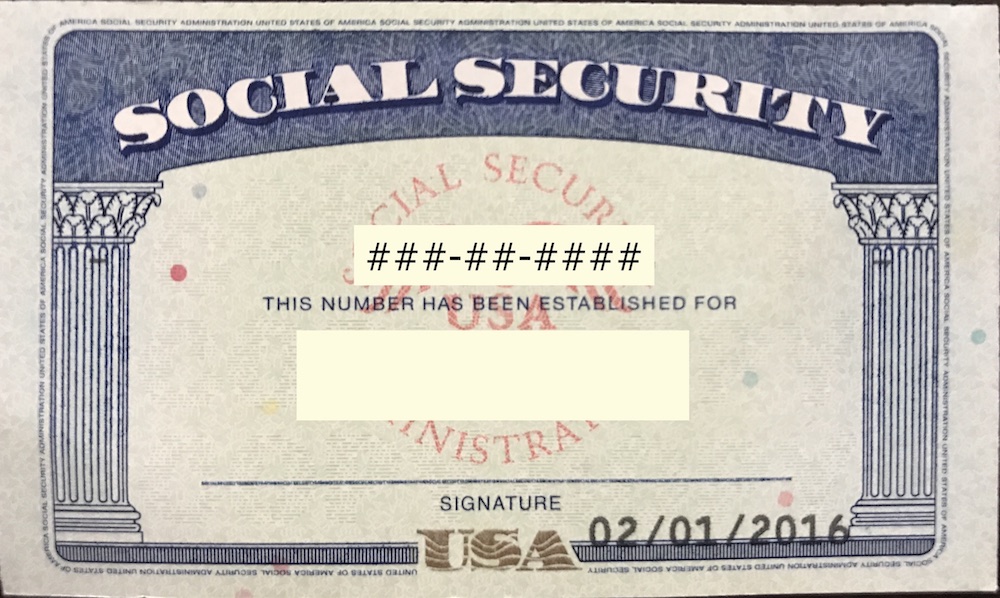 sample social security card, personal information redacted.
