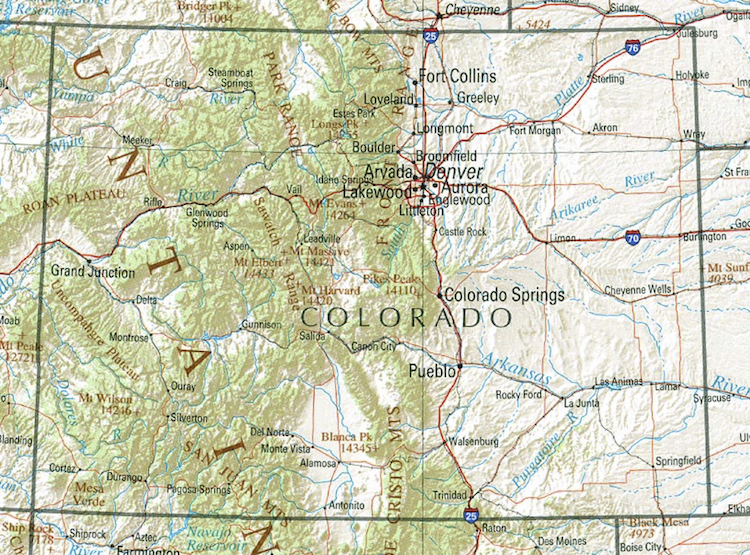 topographical map of state of colorado, a rectangular U.S. state