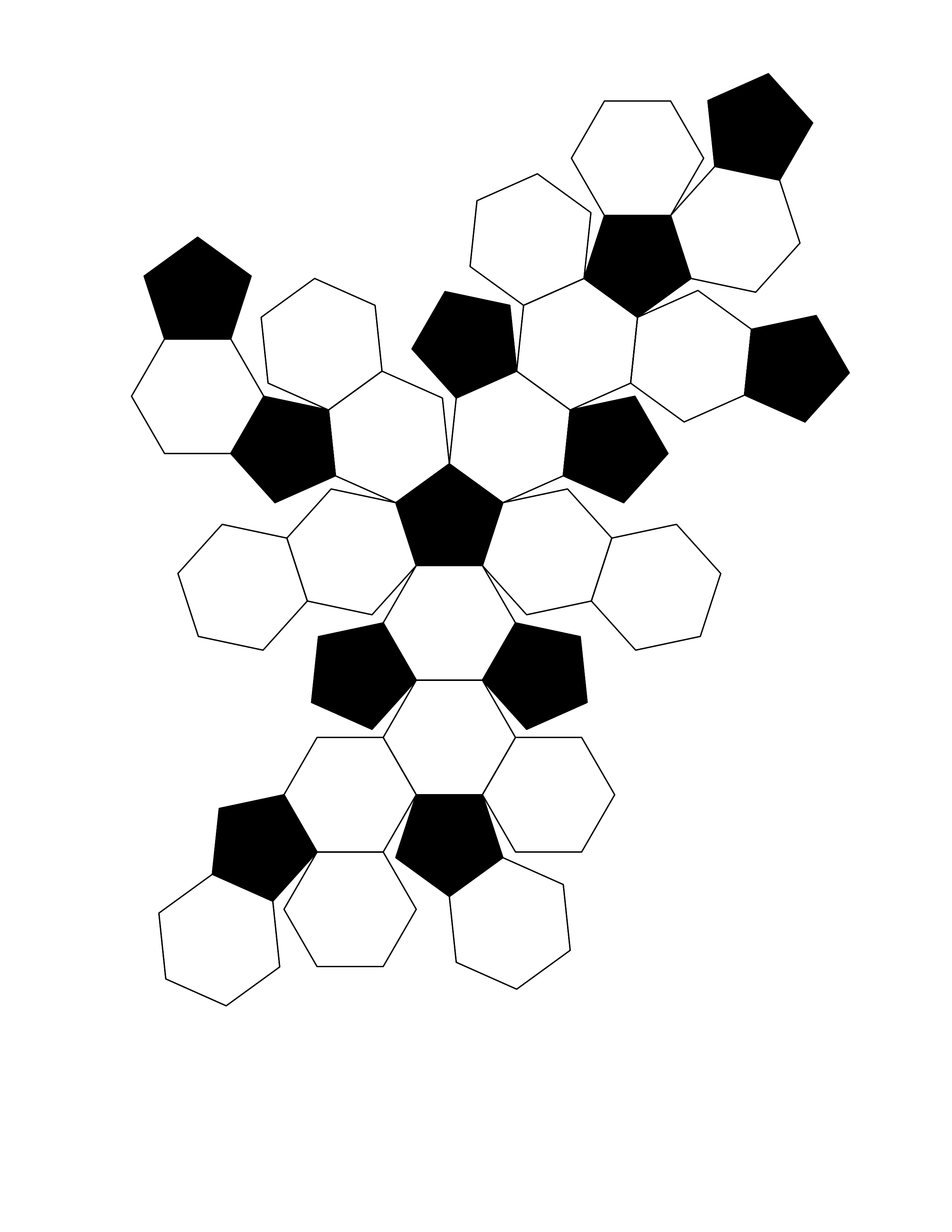 cut open soccer ball, looks like a cluster of black pentagons and white hexagons.