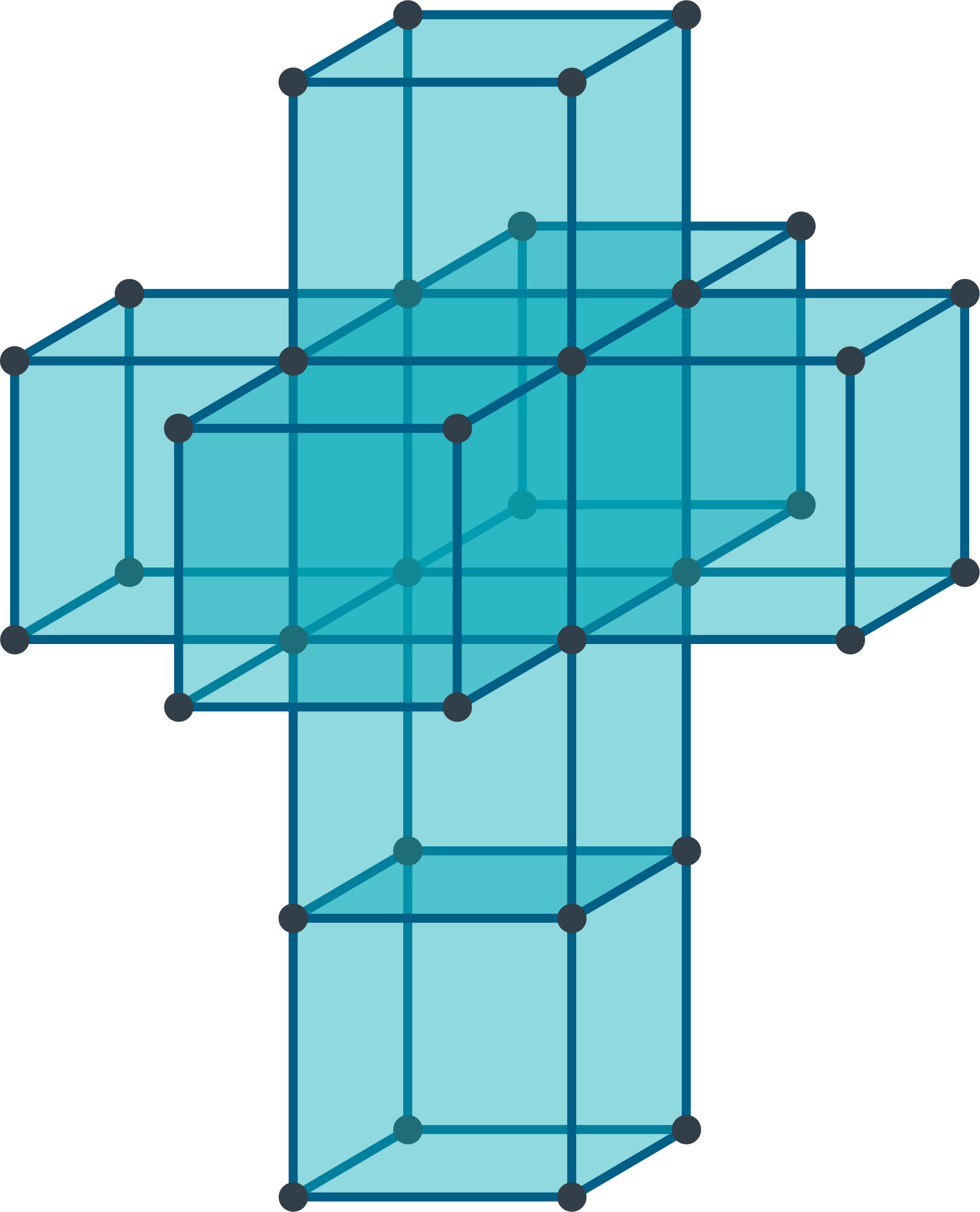 Set of eight 3D cubes connected together. Four are arranged in a column, and then four more are joined to the exposed faces of the second cube from the top.