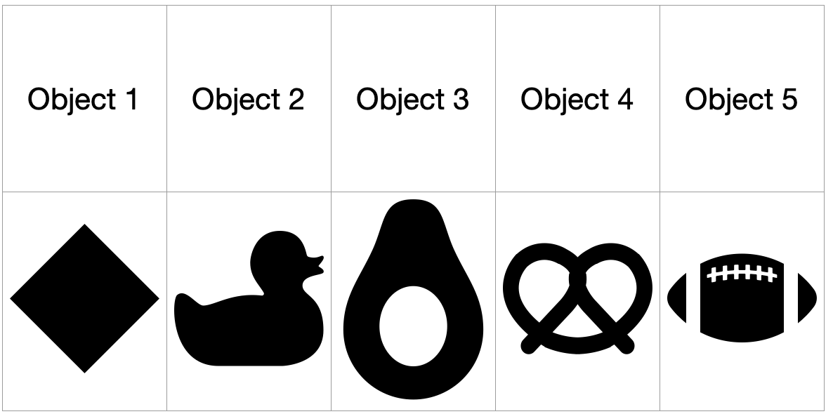 object 1 shaded diamond, object 2 shaded silhouette of rubber duck, object 3 shaded silhouette of half avocado with empty space where pit should be, object 4 shaded pretzel shape, object 5 shaded football shape with three shaded areas and empty space where the stitches should be