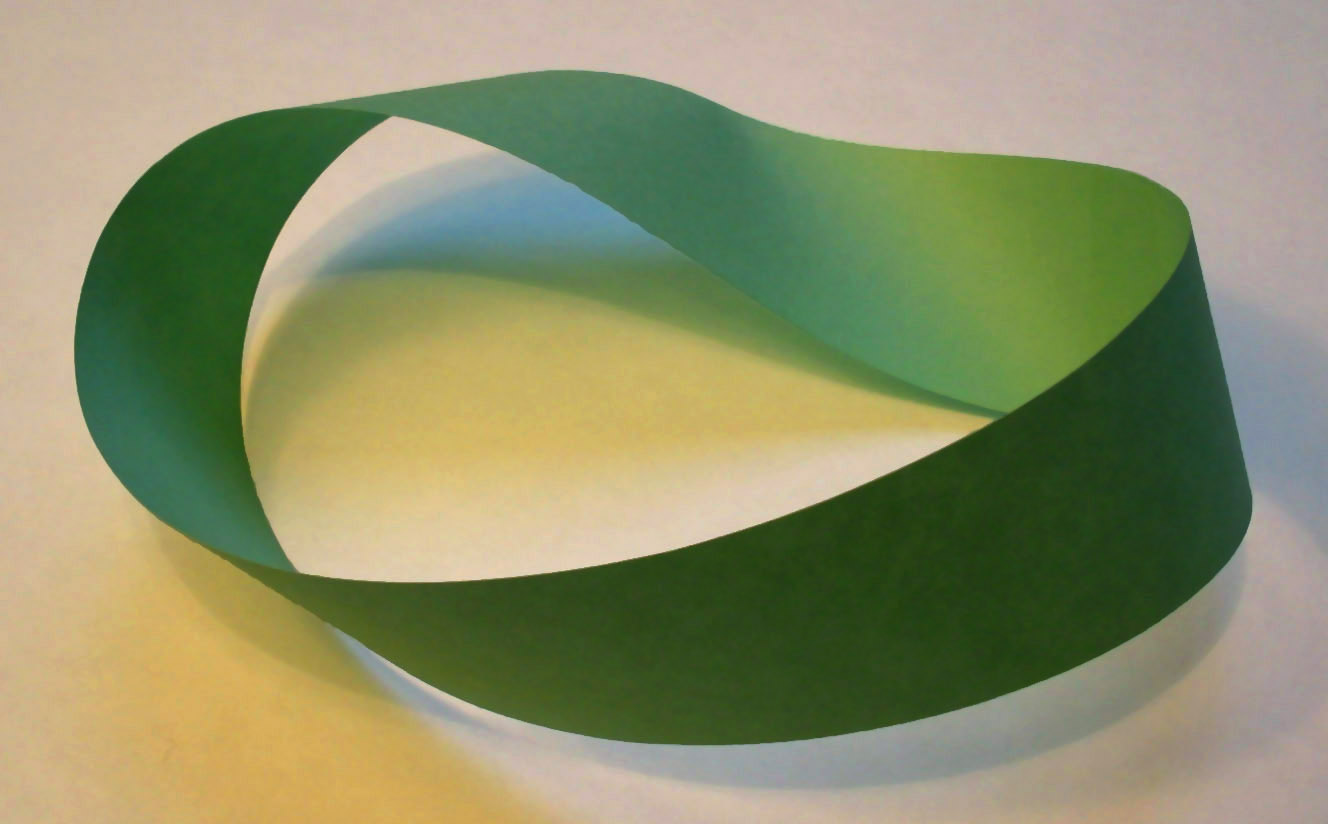 green Möbius band resting on a table