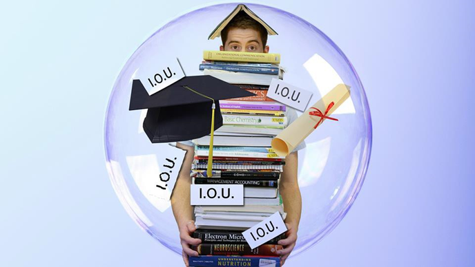 Image of Student with Books, Graduation Cap, and I.O.U.s