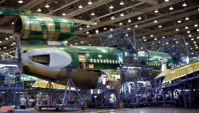 A plane under construction at Boeing
