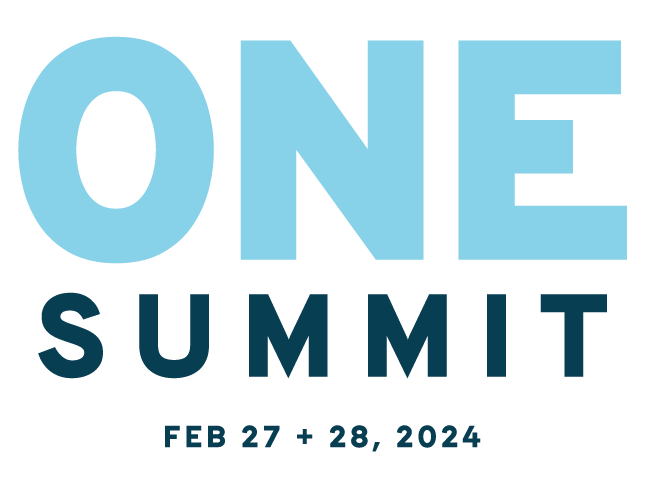 LOGO: Text on transparent background. ONE Summit Feb 27 + 28, 2024