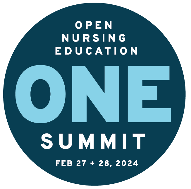 LOGO: Light blue and white text on a navy blue circle. TEXT: Open Nursing Education O.N.E. Summit Feb 27 + 28., 2024
