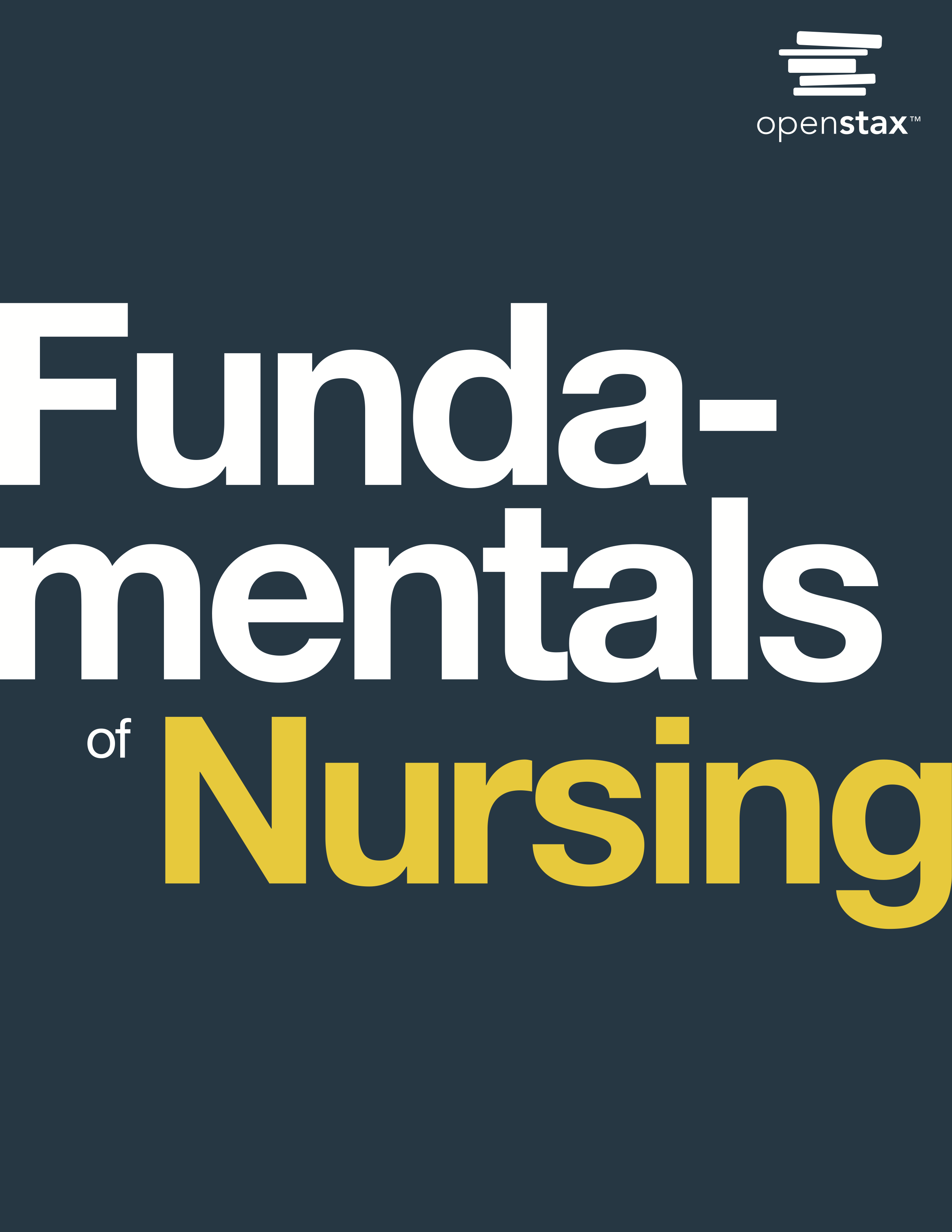 OpenStax Textbook Cover: White and yellow text on navy blue background. Text: Fundamentals of Nursing