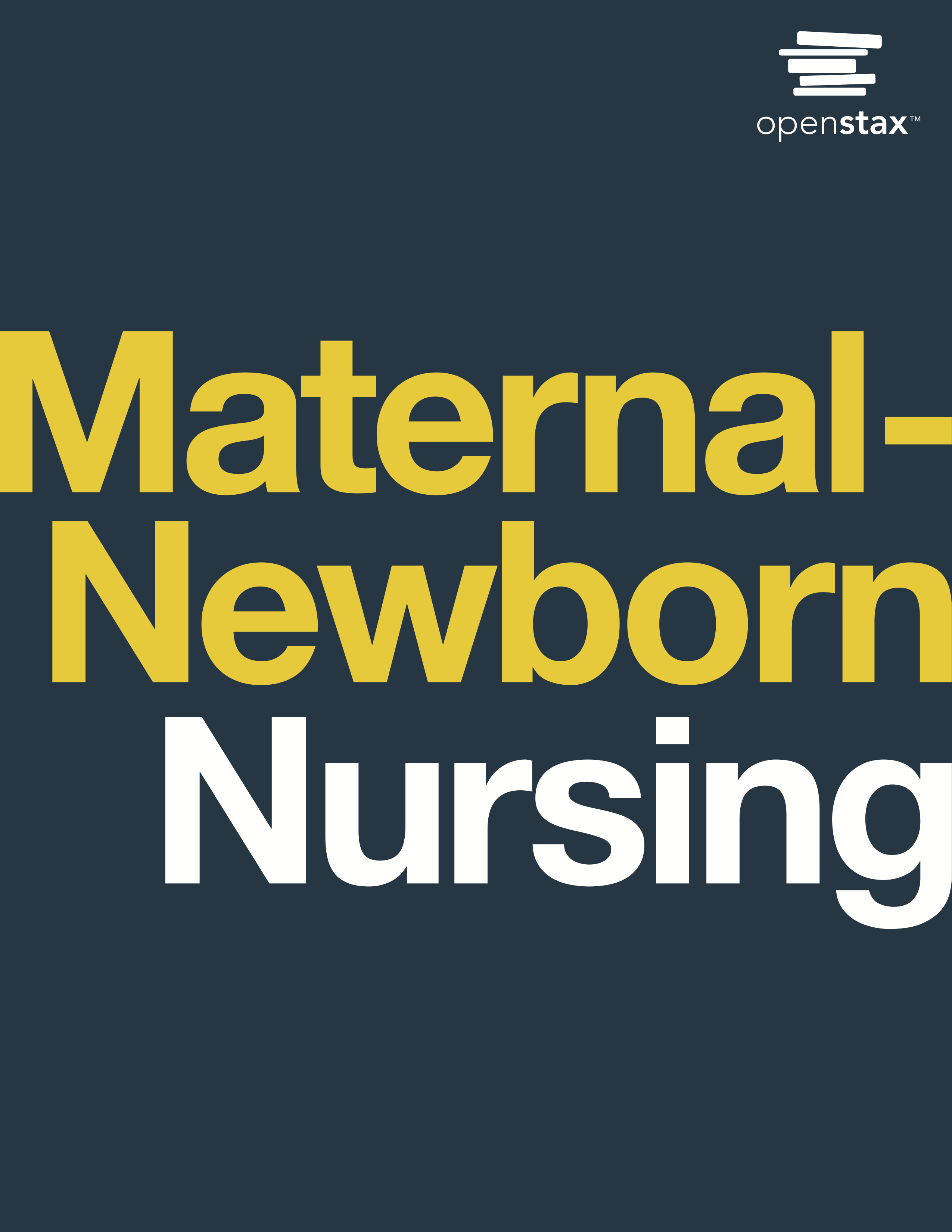 OpenStax Textbook Cover: White and yellow text on navy blue background. Text: Maternal-Newborn Nursing