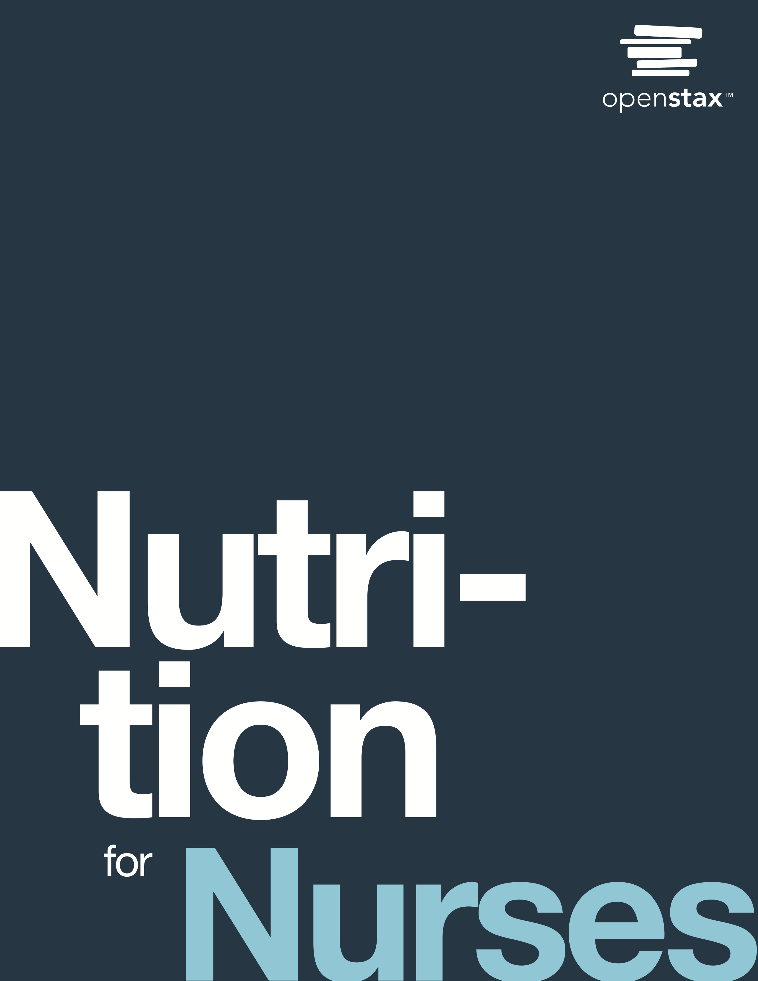 OpenStax Textbook Cover: White and yellow text on navy blue background. Text: Nutrition for Nurses