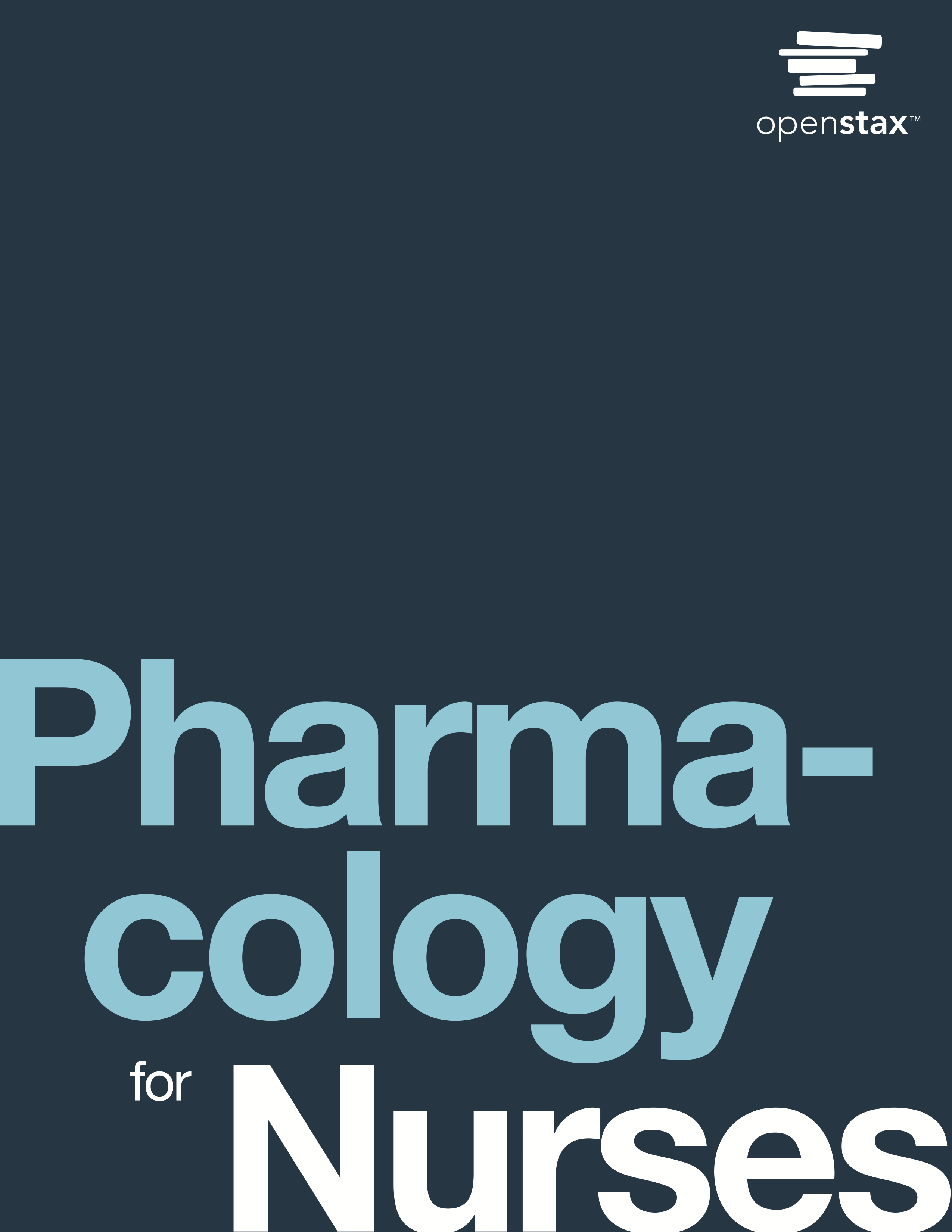 OpenStax Textbook Cover: White and yellow text on navy blue background. Text: Pharmacology for Nurses
