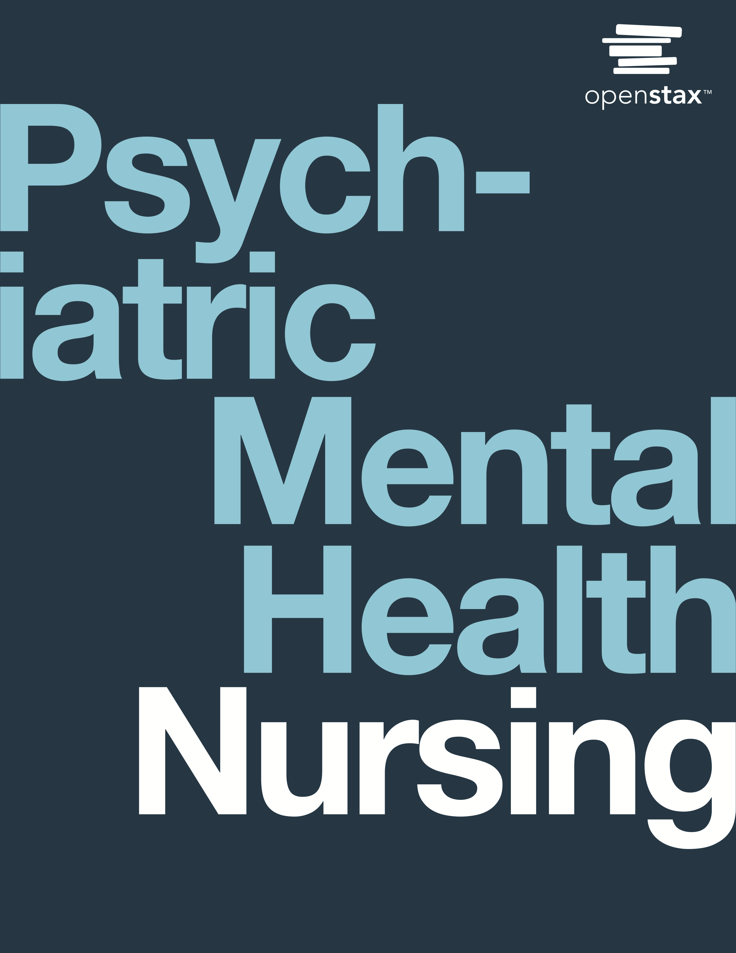 OpenStax Textbook Cover: White and yellow text on navy blue background. Text: Psychiatric-Mental Health Nursing