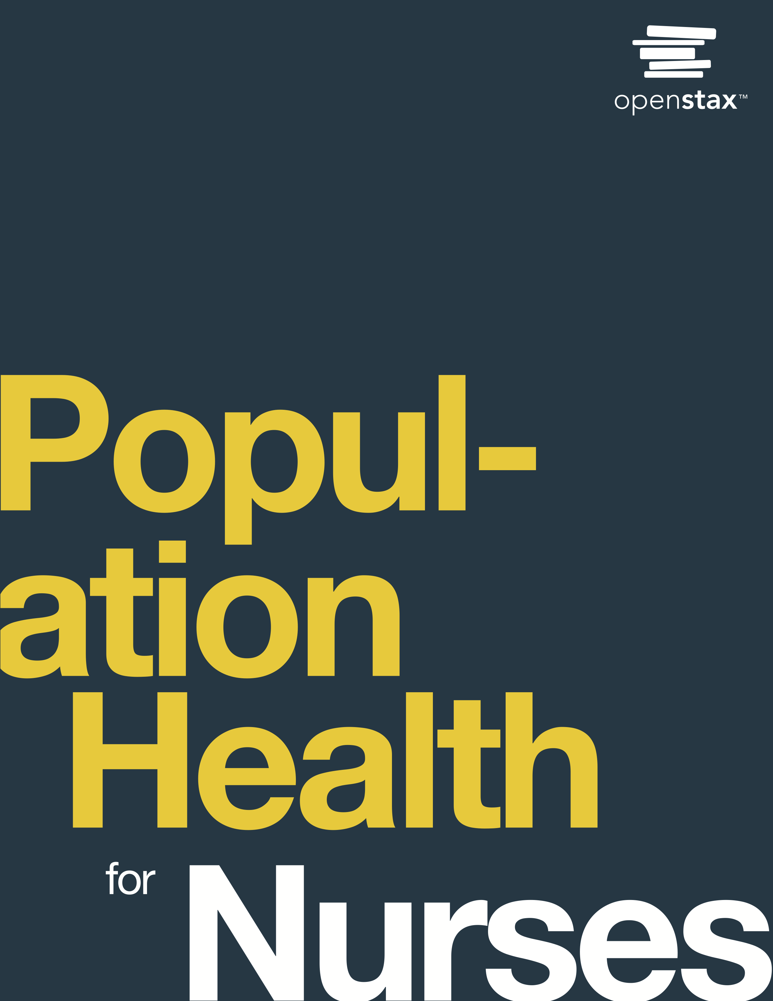 OpenStax Textbook Cover: White and yellow text on navy blue background. Text: Population Health for Nurses