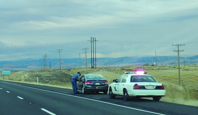 A photo of two cars on the side of a paved road. One car is a police car and has flashing lights on top. In front of the police car is another vehicle. An officer stands by the side of that vehicle.