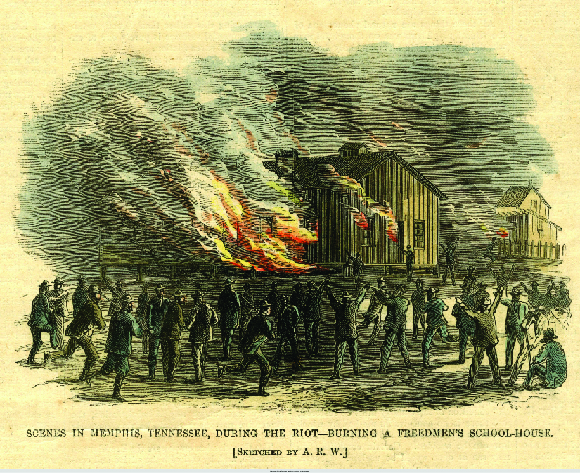 An image of a sketch of a building on fire. Several people are standing outside the building. Some of the people are armed. At the bottom of the image reads “Scenes in Memphis, Tennessee, during the riot—burning a freedmen’s school-house. [Sketched by A. R. W.]”.