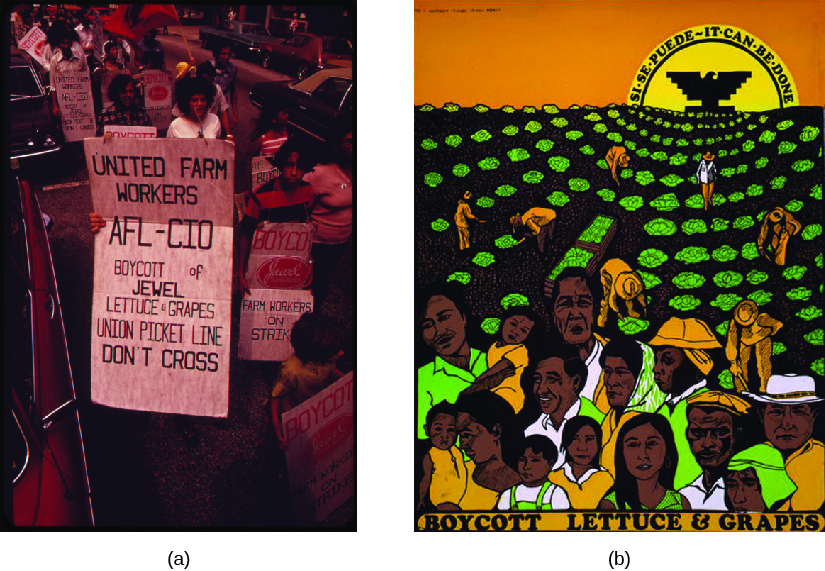Image A is of a group of people carrying signs. The signs read “United Farm Workers AFL-CIO boycott of Jewel Lettuce & Grapes Union Picket Line Don’t Cross” and “Boycott, Farm Workers on Strike”. Image B is of a poster that shows people picking crops in a field. The sun rises in the background. In the center of the sun is an eagle, and text along the sun reads “Si se puede ~ It can be done”. Text at the bottom of the poster reads “Boycott Lettuce & Grapes”.