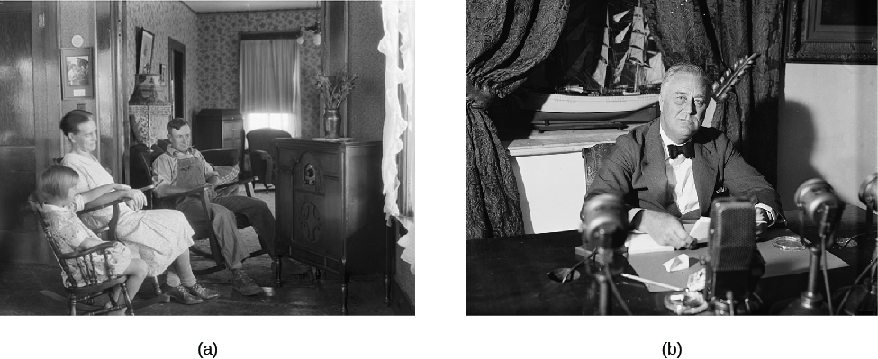 Image A is of three people sitting in rocking chairs with a radio in front of them. Image B is of Franklin D. Roosevelt seated with several microphones on a desk in front of him.