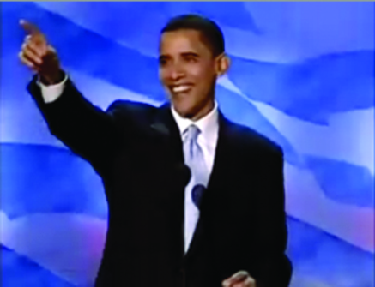 An image of a smiling Barack Obama with his right hand outstretched.