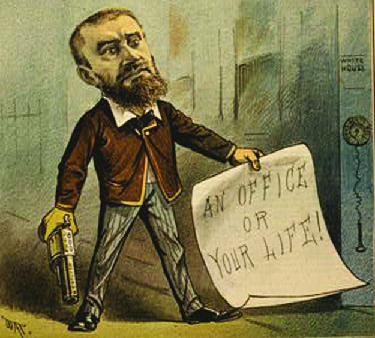 A cartoon of Charles J. Guiteau holding a pistol and a piece of paper that says “An office or your life!”